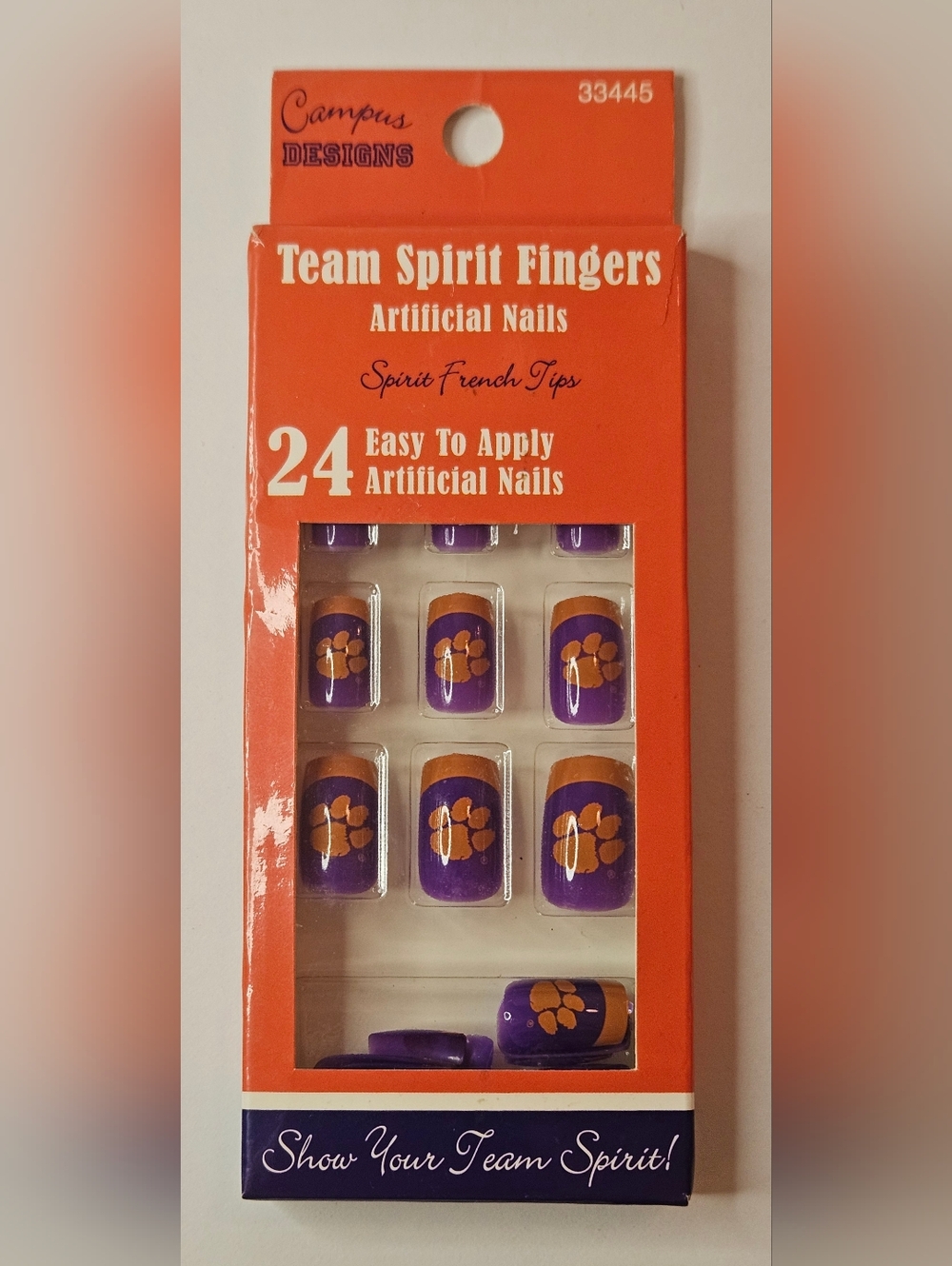 Clemson Tigers Artificial Nails - Spirit French Tip Orange Purple Paw 24 Count